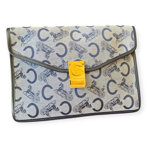 Celine Handbags - Authentic Vintage Celine Navy Monogram Canvas Flap Clutch